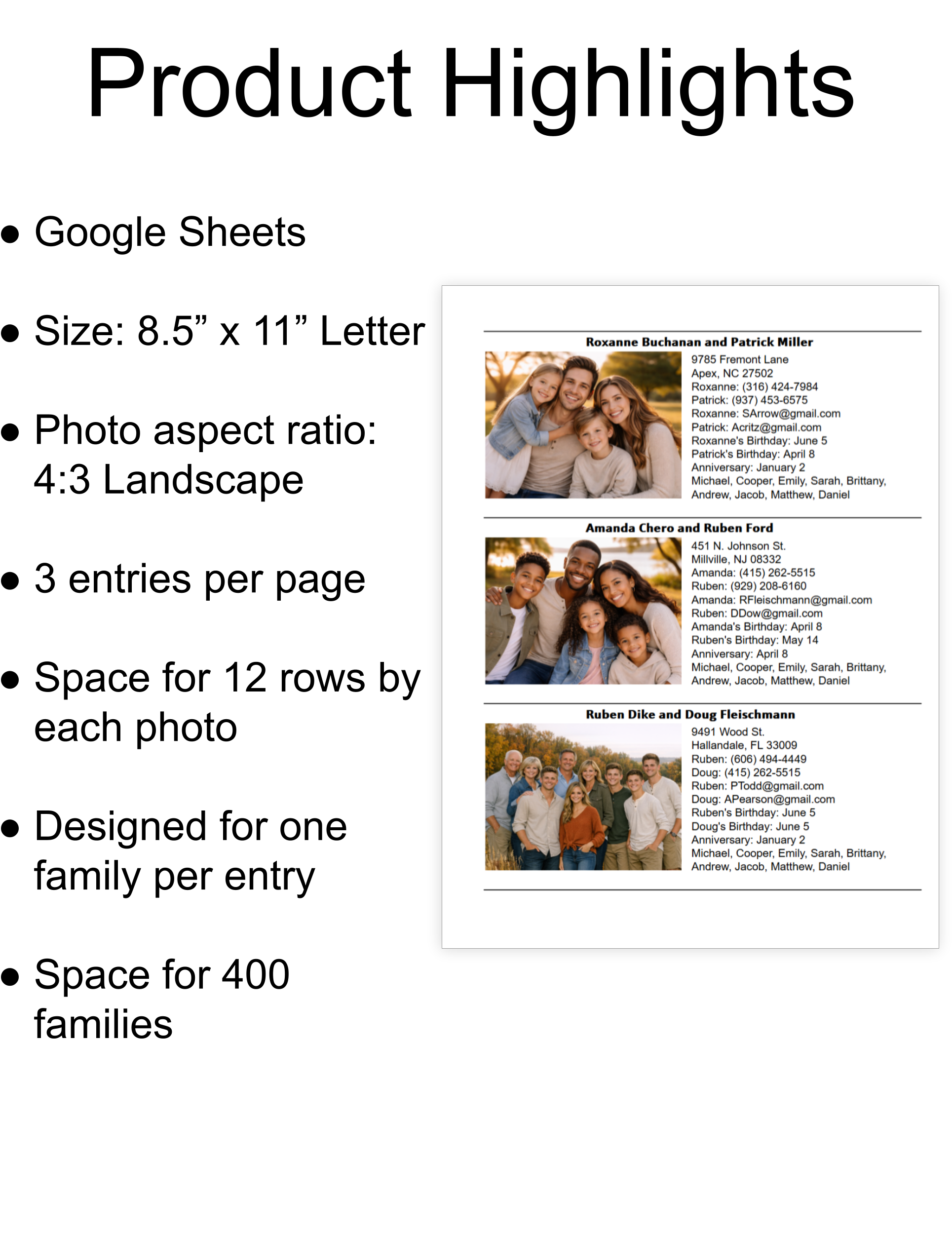 Family Photo Directory - Google Sheet Template