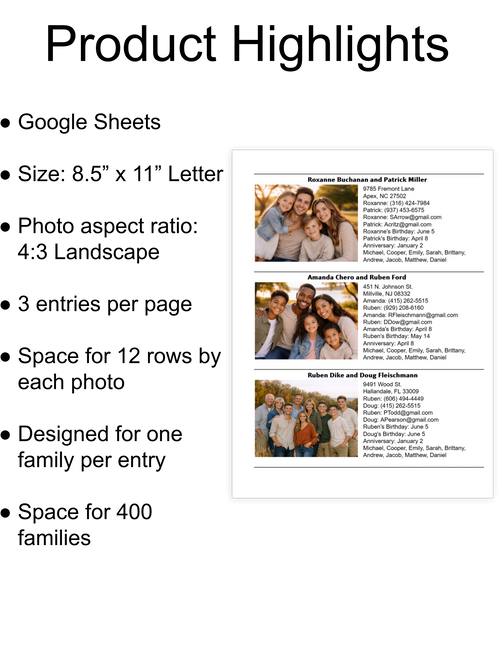 Family Photo Directory - Google Sheet Template