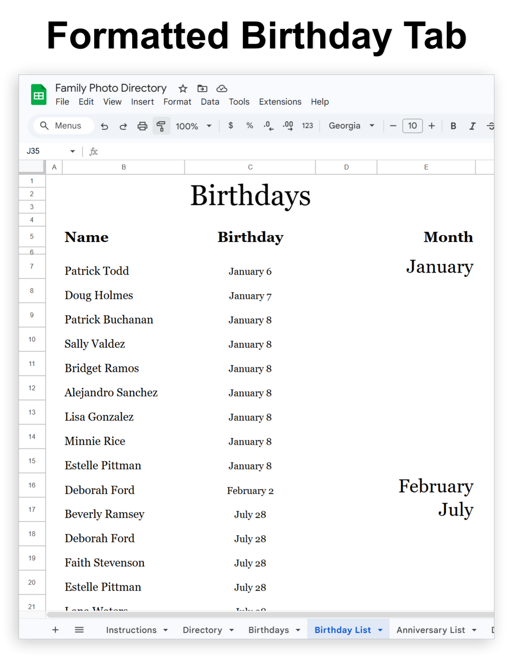 Family Photo Directory - Google Sheet Template