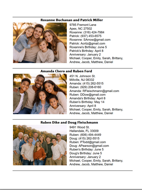 This is a photo directory that is designed to be organized in a family unit.  It has first and last name of parents, address, phone, email, birthdays, anniversaries, and children